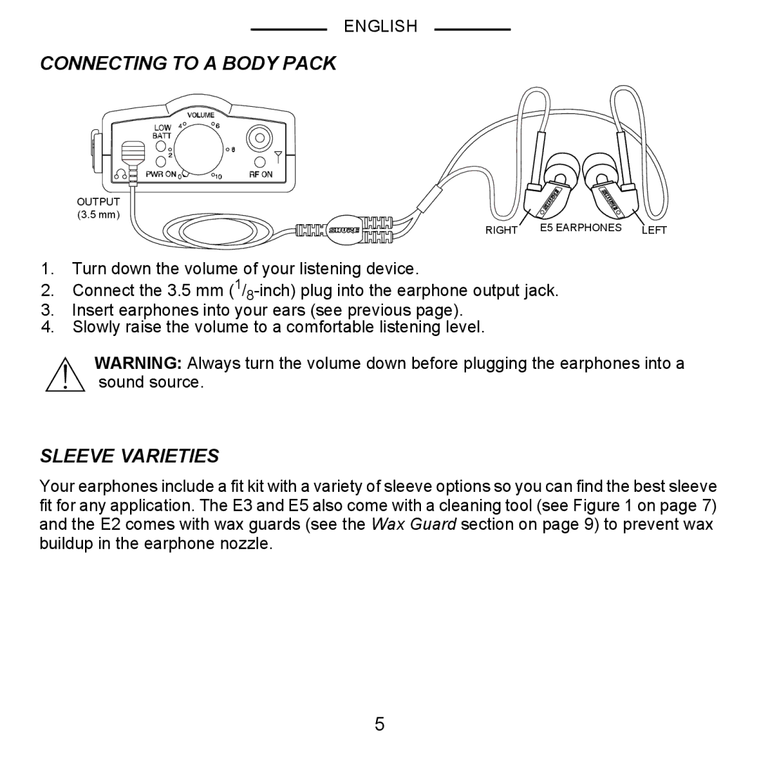 Shure E5, E3, E2 manual Connecting to a Body Pack, Sleeve Varieties 