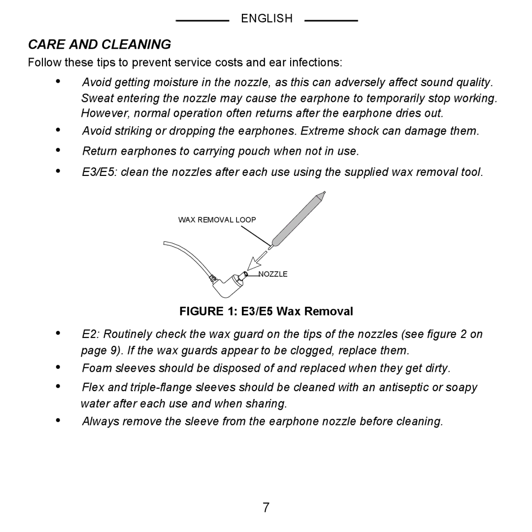 Shure E2 manual Care and Cleaning, E3/E5 Wax Removal 