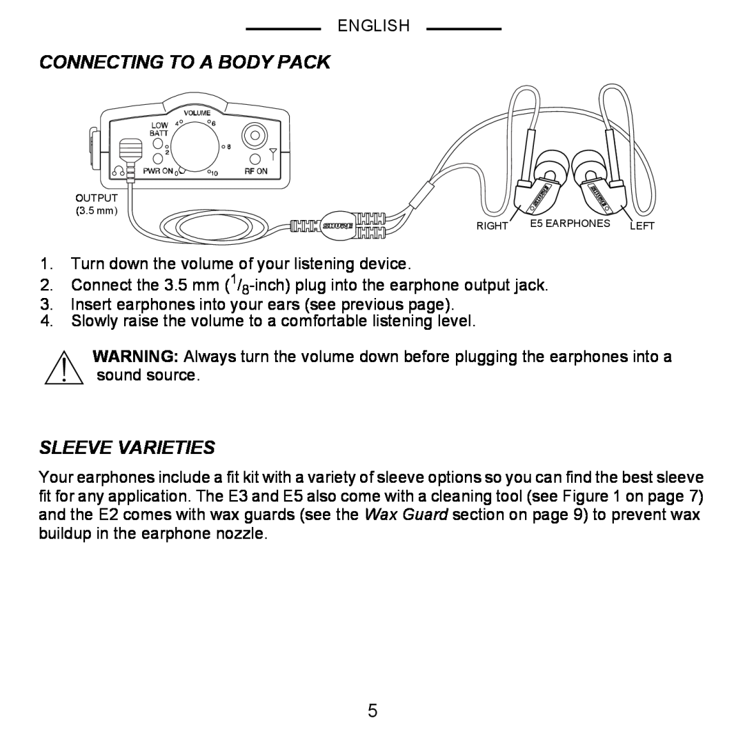 Shure E5, E3, E2 manual Connecting To A Body Pack, Sleeve Varieties 