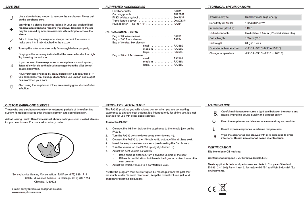 Shure E5C warranty Safe USE, Furnished Accessories, Replacement Parts, Technical Specifications, Custom Earphone Sleeves 