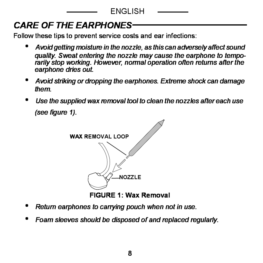 Shure E5C manual Care Of The Earphones, English, Wax Removal 