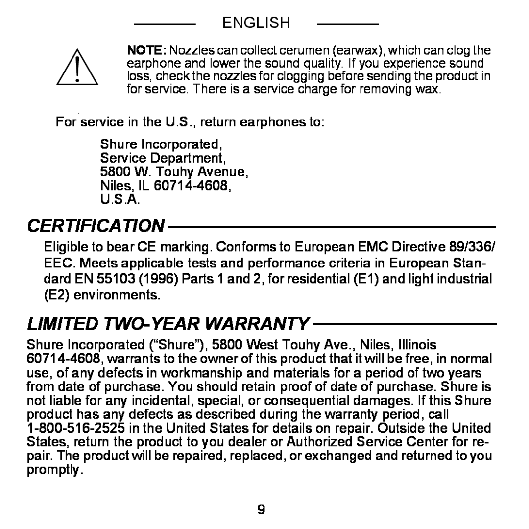 Shure E5C manual Certification, Limited Two-Yearwarranty, English 
