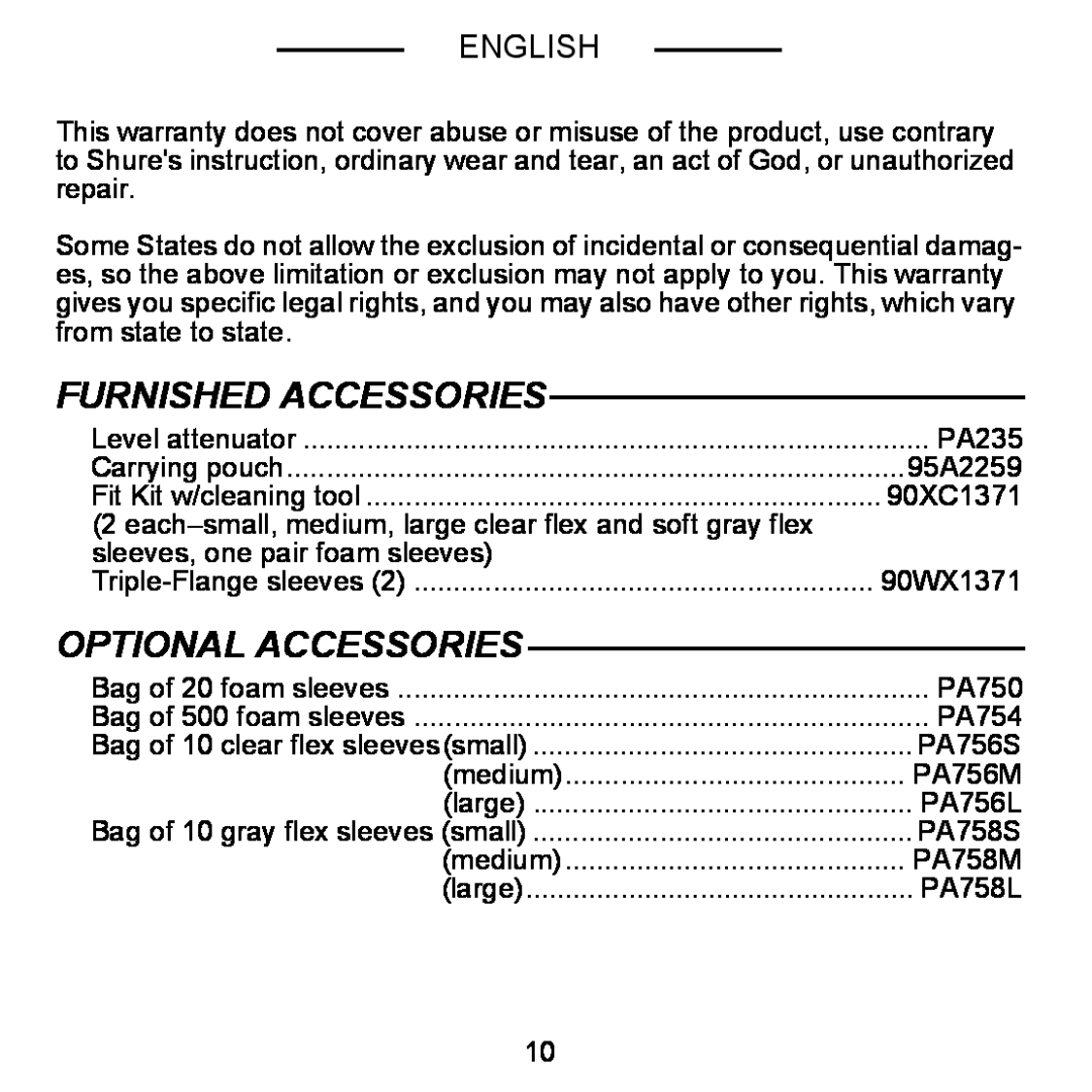 Shure E5C manual Furnished Accessories, Optional Accessories, English 