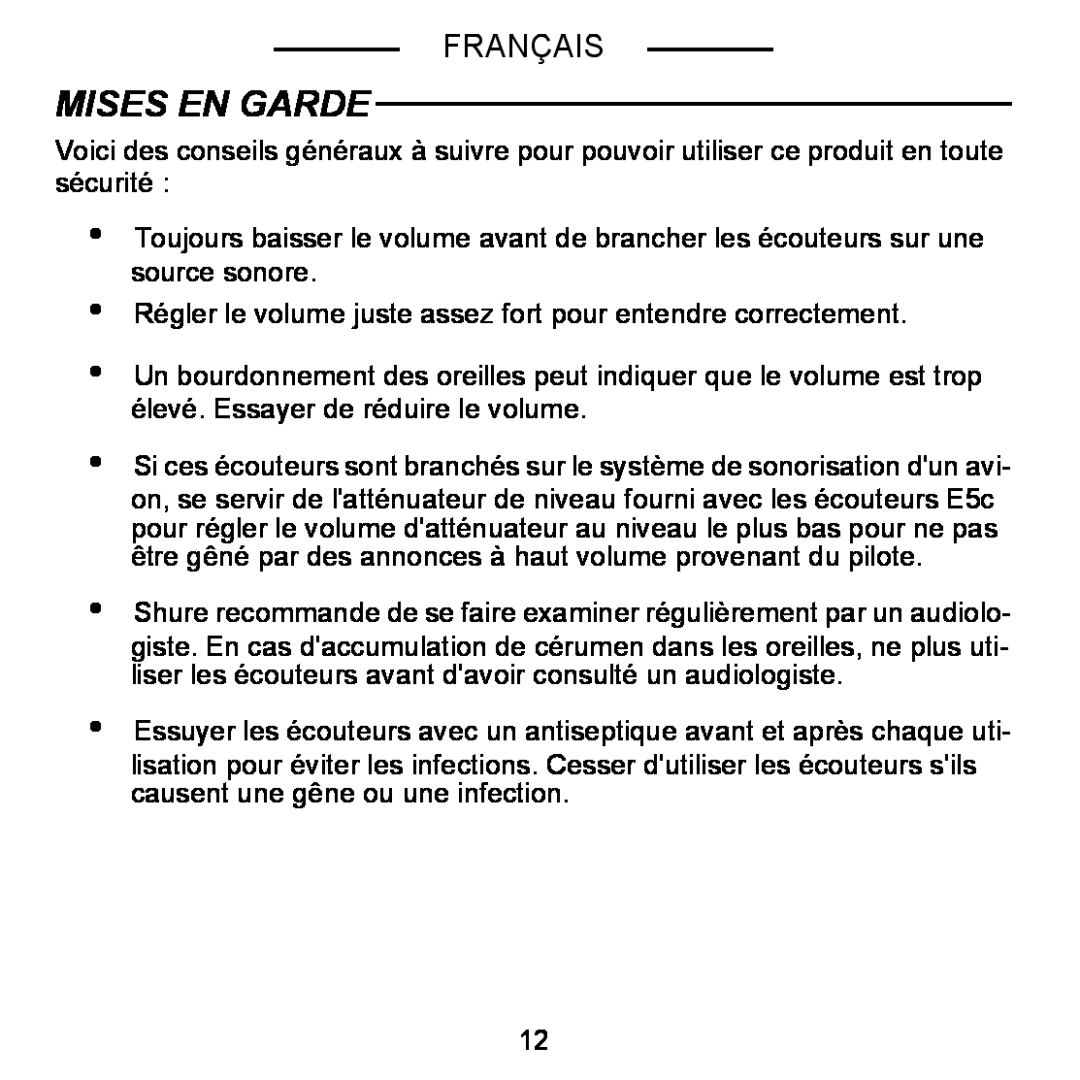 Shure E5C manual Mises En Garde, Français 