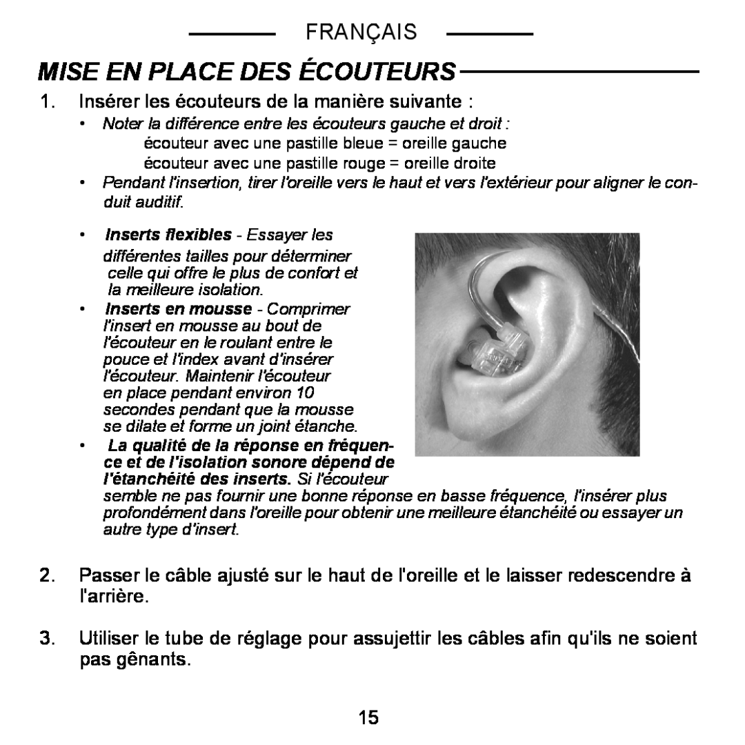 Shure E5C manual Mise En Place Des Écouteurs, Français, 1.Insérer les écouteurs de la manière suivante 