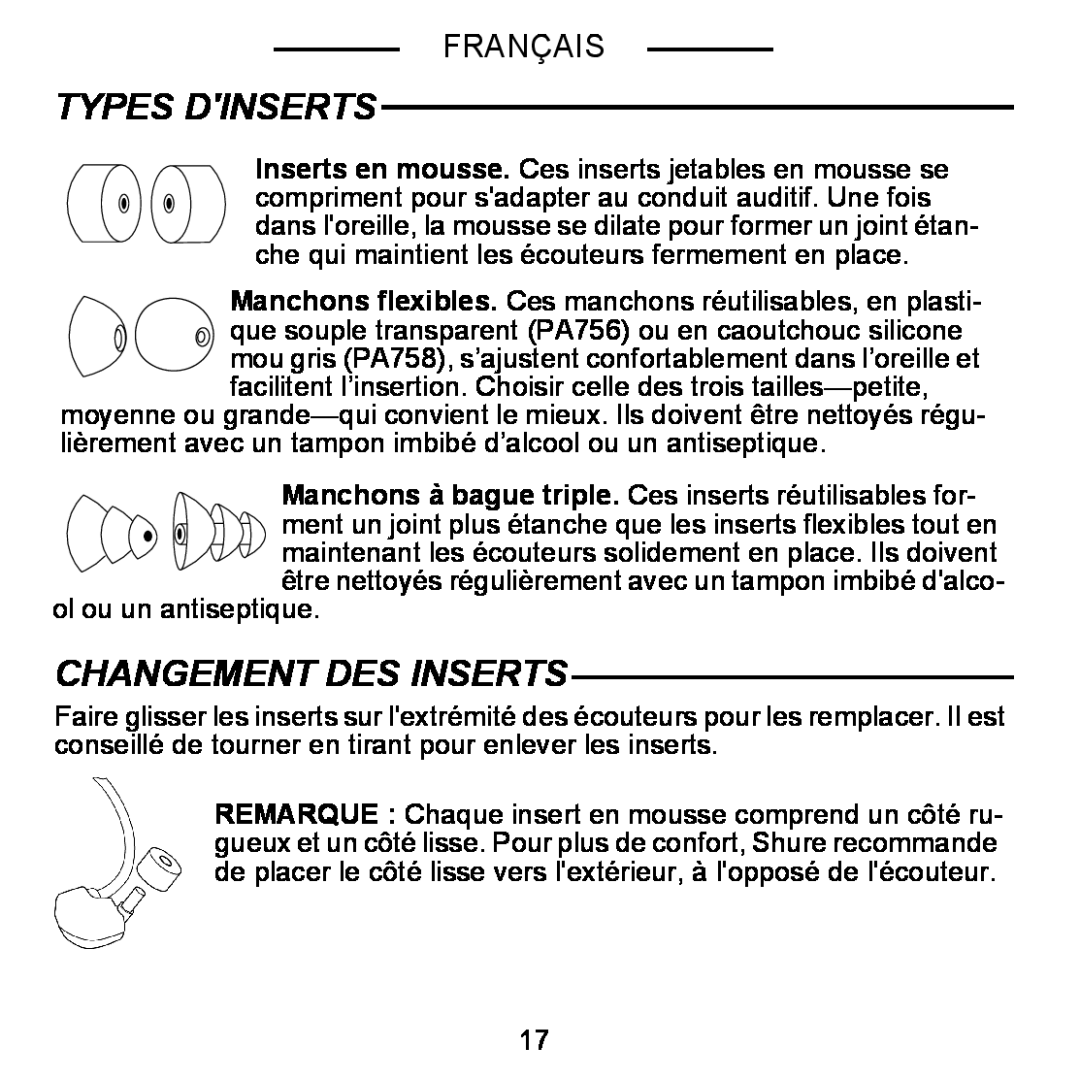 Shure E5C manual Types Dinserts, Changement Des Inserts, Français 