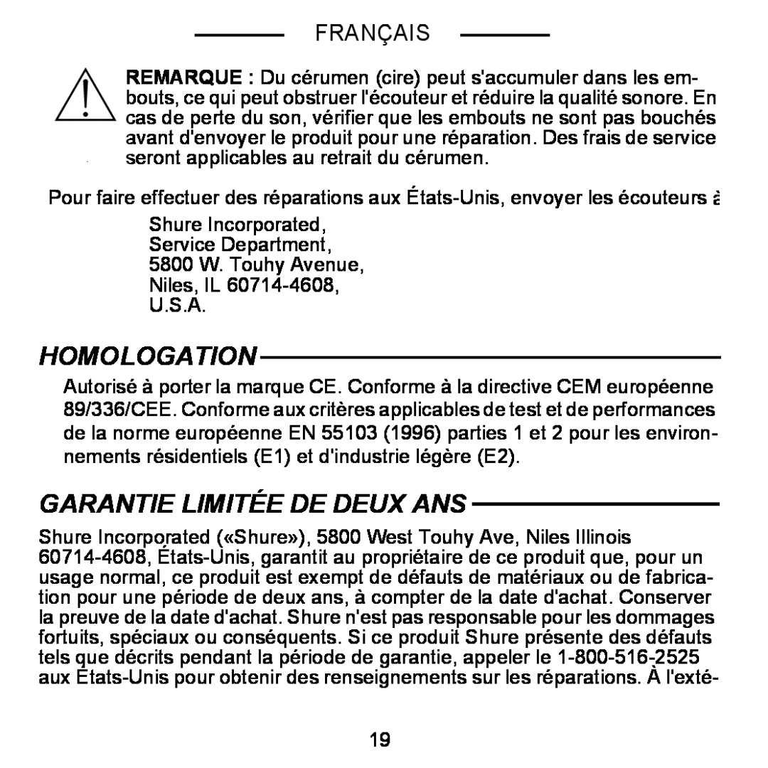 Shure E5C manual Homologation, Garantie Limitée De Deux Ans, Français 
