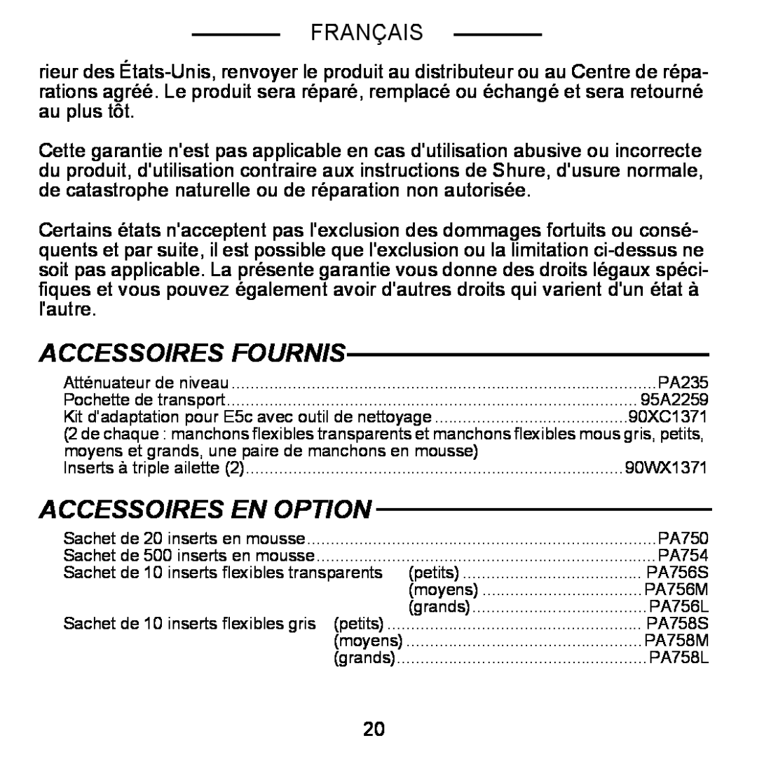 Shure E5C manual Accessoires Fournis, Accessoires En Option, Français 
