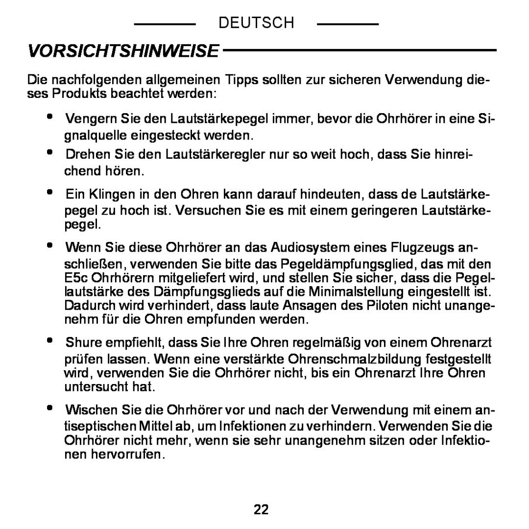 Shure E5C manual Vorsichtshinweise, Deutsch 