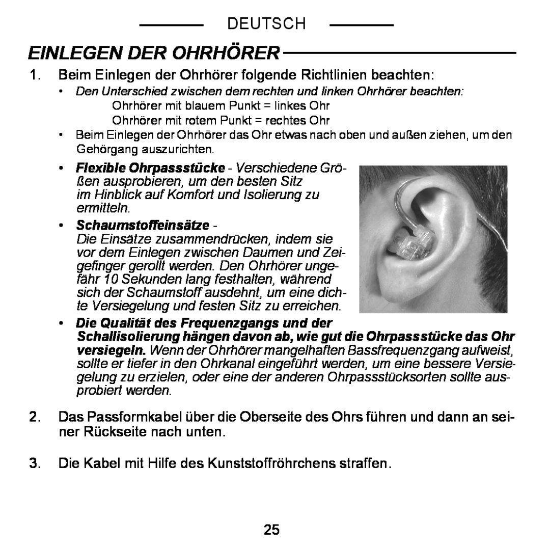 Shure E5C manual Einlegen Der Ohrhörer, Schaumstoffeinsätze, Die Qualität des Frequenzgangs und der, Deutsch 