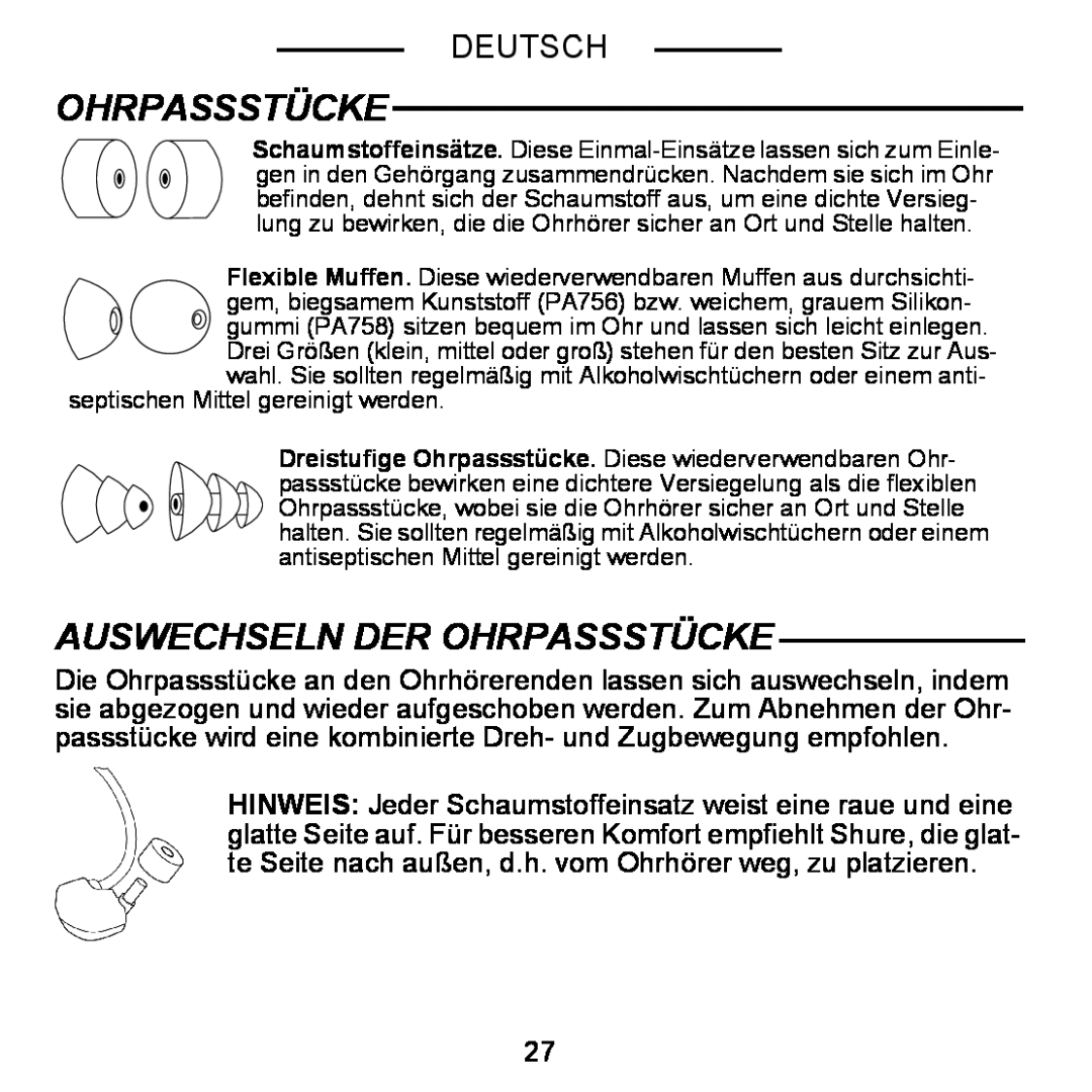 Shure E5C manual Auswechseln Der Ohrpassstücke, Deutsch 