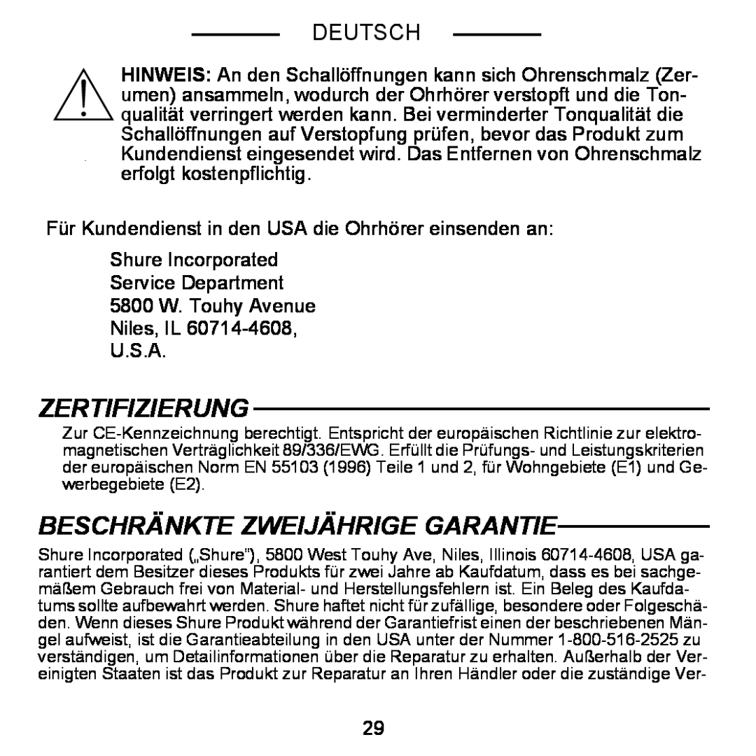 Shure E5C manual Zertifizierung, Beschränkte Zweijährige Garantie, Deutsch 