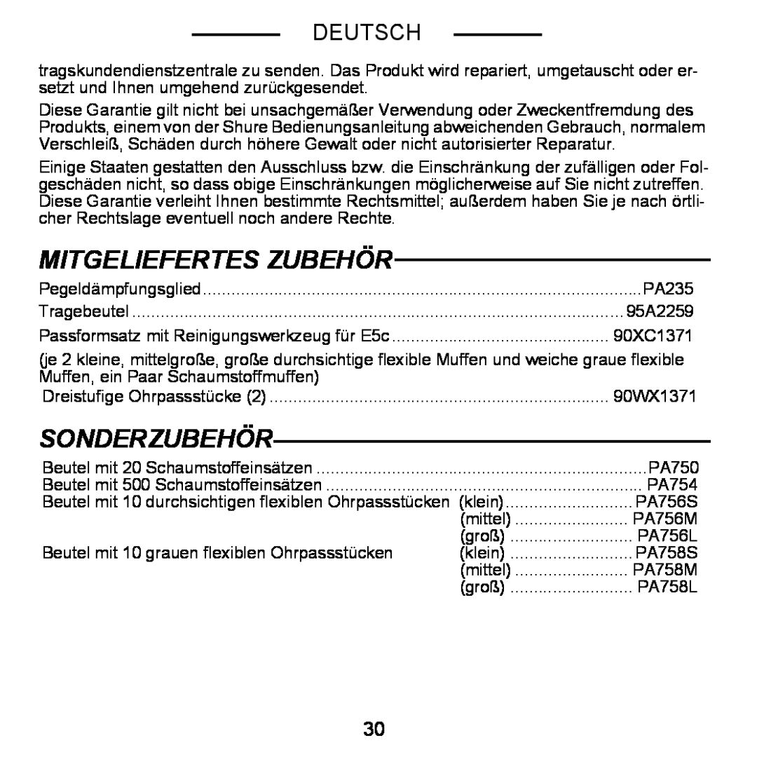 Shure E5C manual Mitgeliefertes Zubehör, Sonderzubehör, Deutsch 