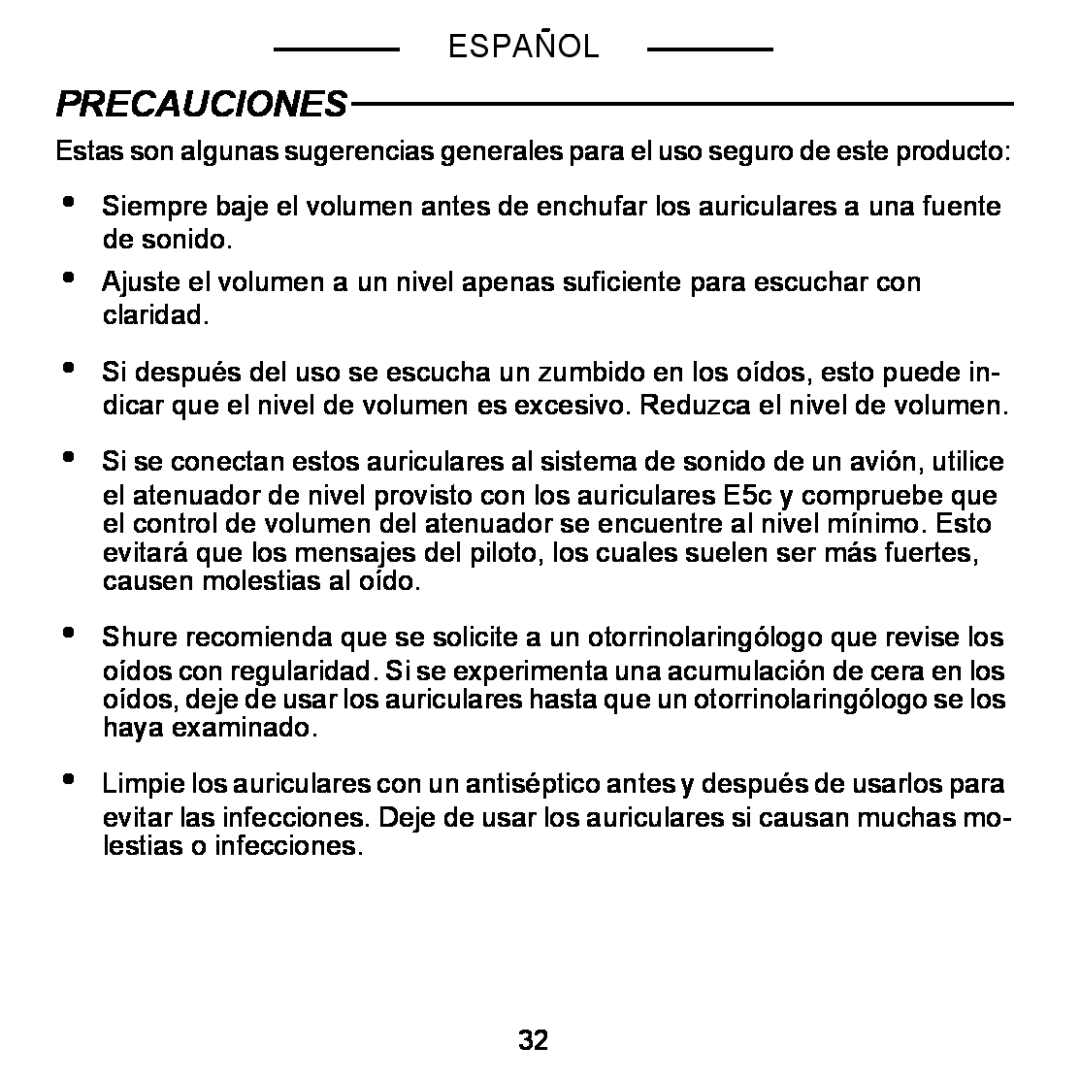 Shure E5C manual Precauciones, Español 