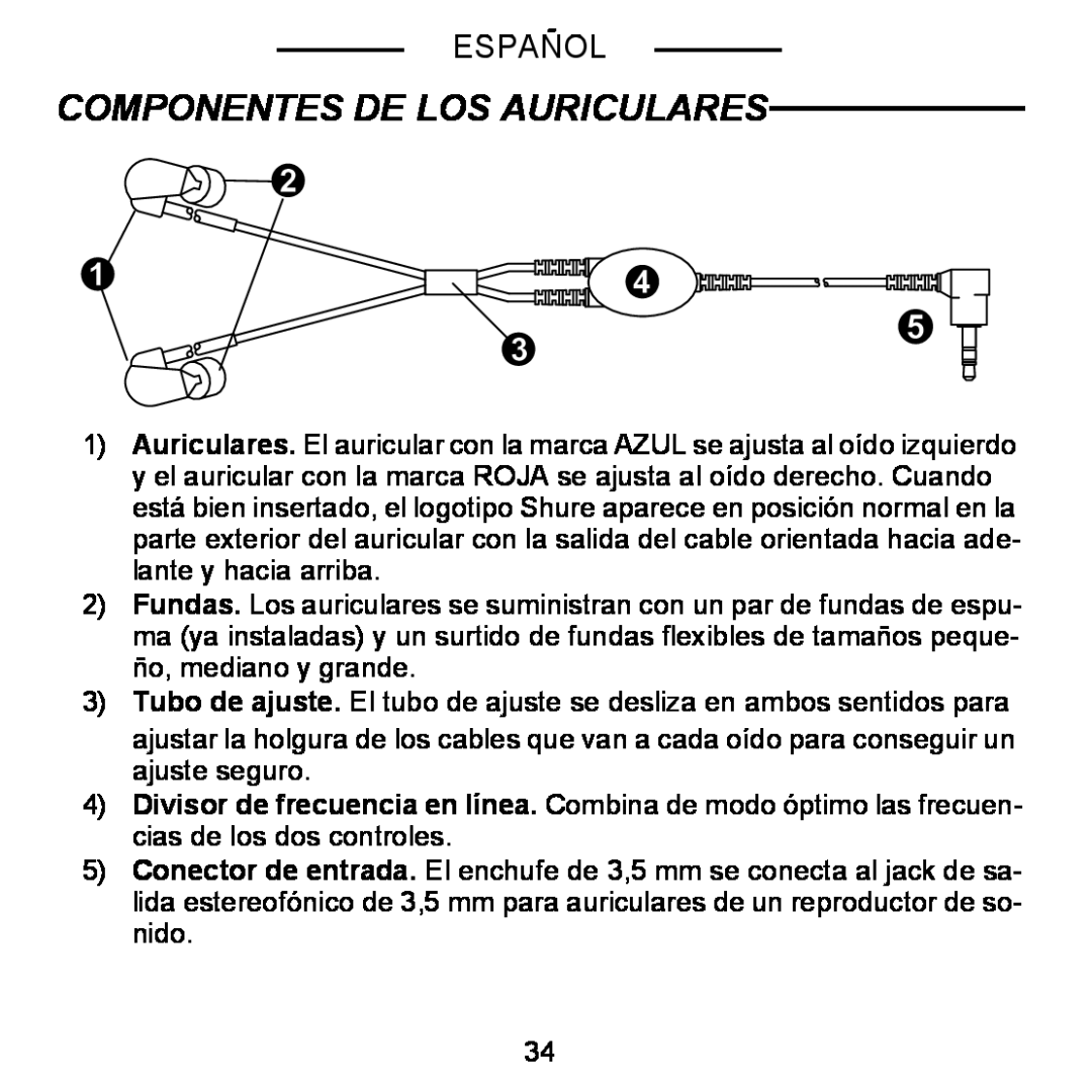 Shure E5C manual Componentes De Los Auriculares, Español 