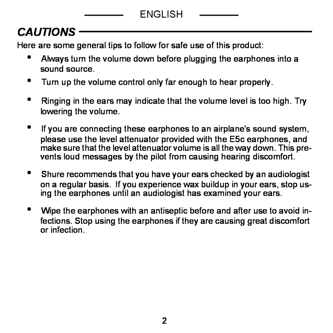 Shure E5C manual Cautions, English 