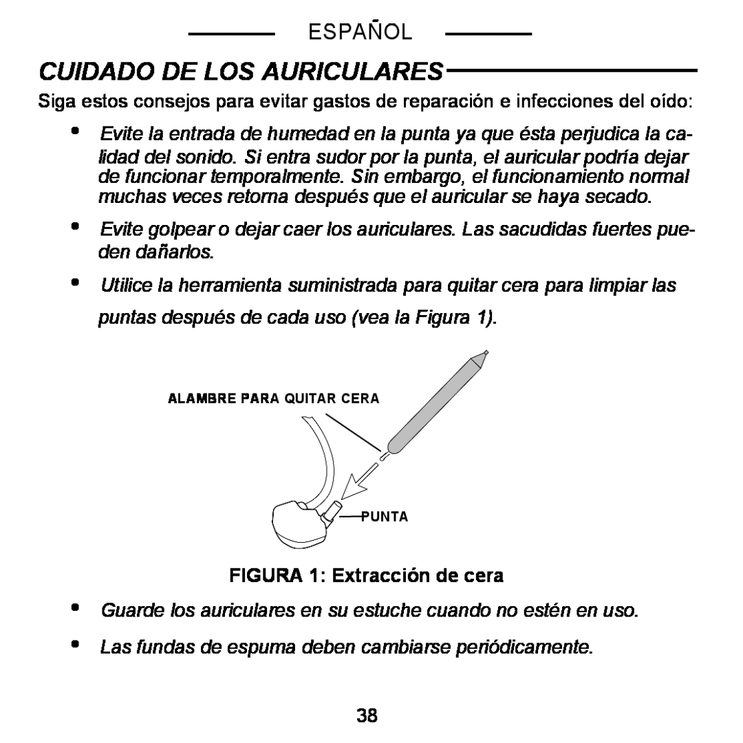 Shure E5C manual Cuidado De Los Auriculares, Español, FIGURA 1 Extracción de cera 