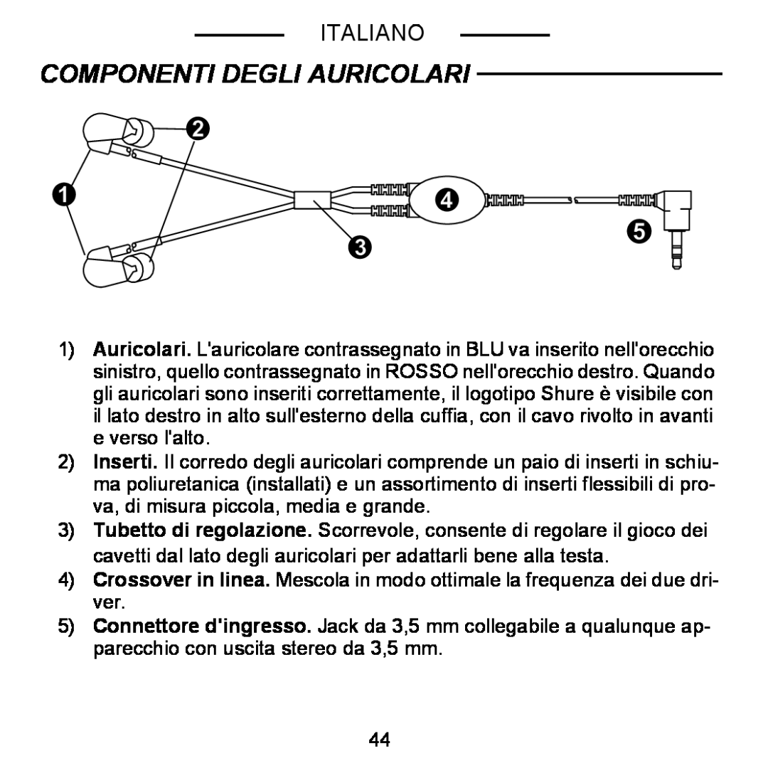 Shure E5C manual Componenti Degli Auricolari, Italiano 