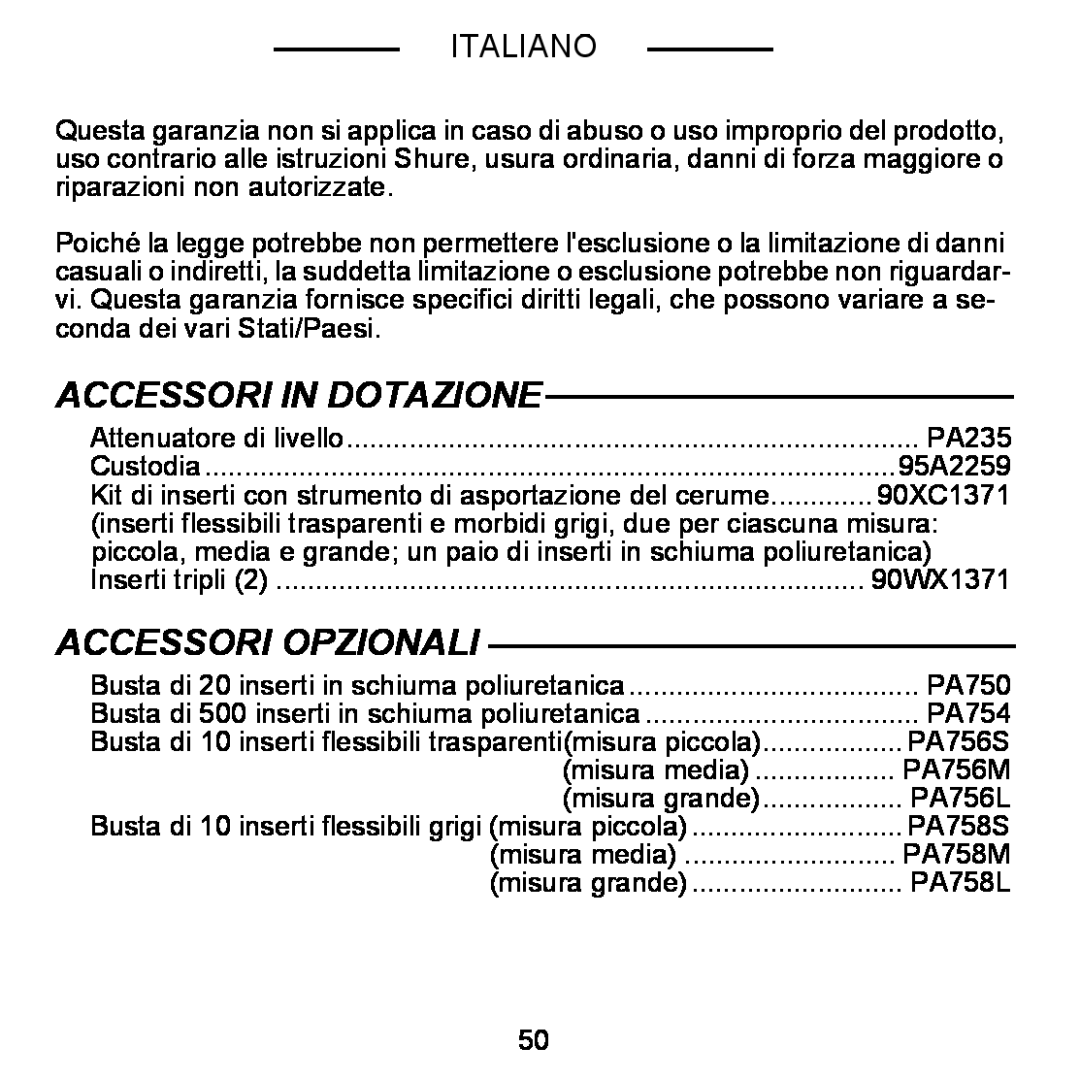 Shure E5C manual Accessori In Dotazione, Accessori Opzionali, Italiano 