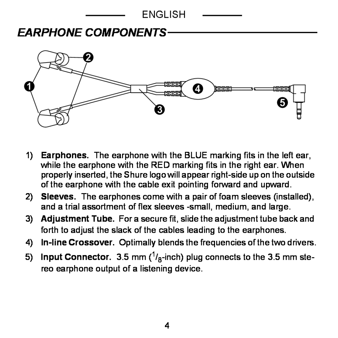 Shure E5C manual Earphone Components, English 