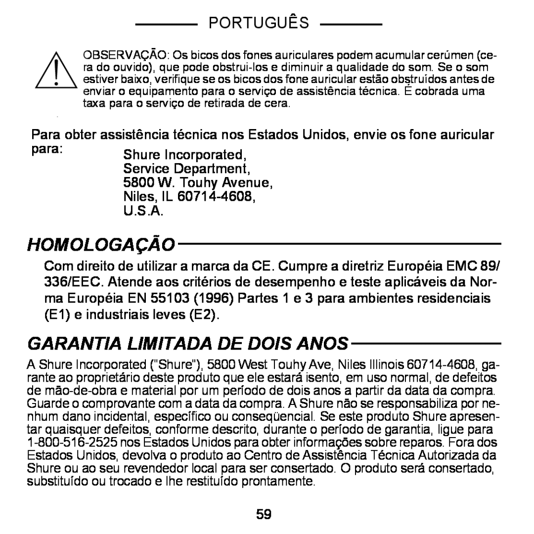Shure E5C Homologação, Garantia Limitada De Dois Anos, Português, para, Shure Incorporated, Service Department, Niles, IL 