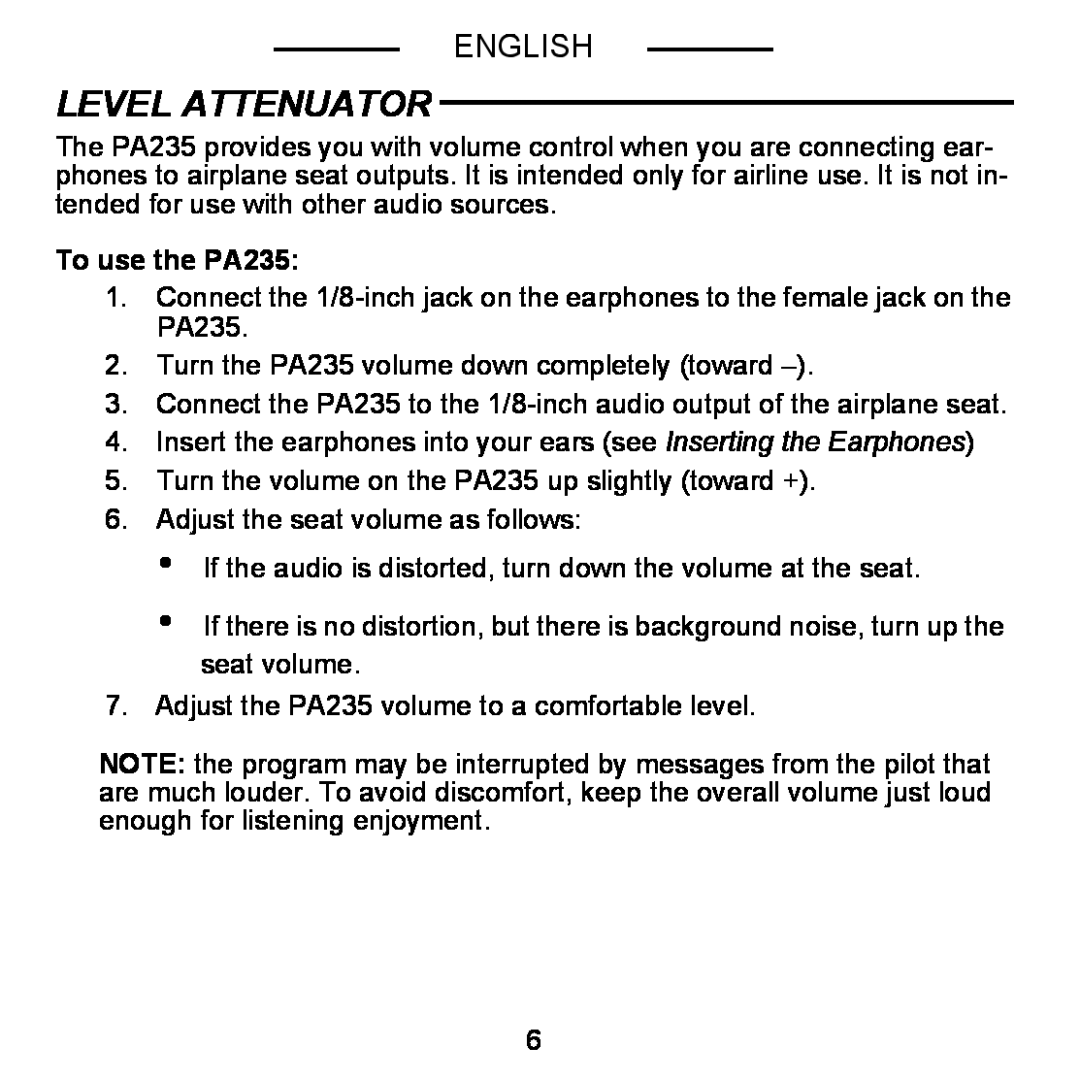 Shure E5C manual Level Attenuator, English, To use the PA235 