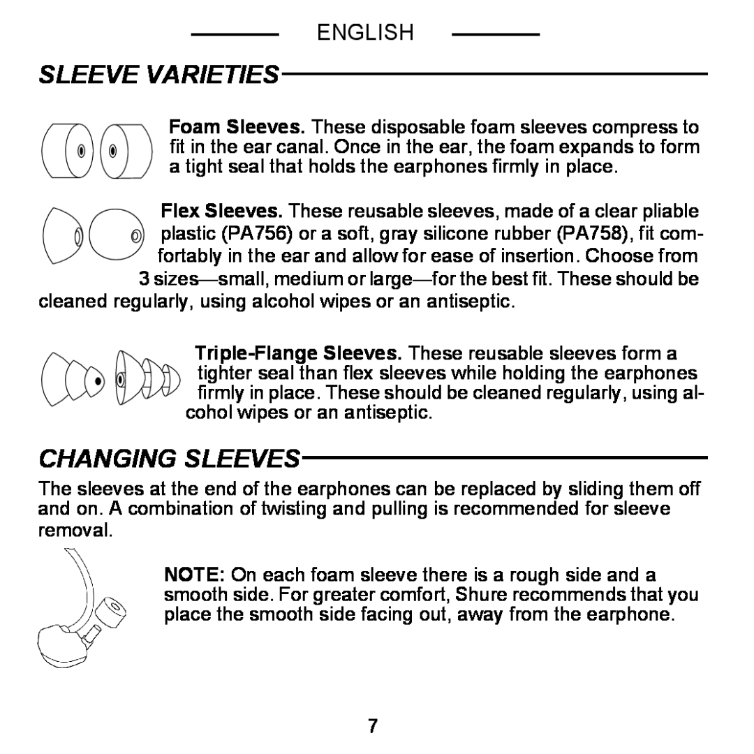 Shure E5C manual Sleeve Varieties, Changing Sleeves, English 