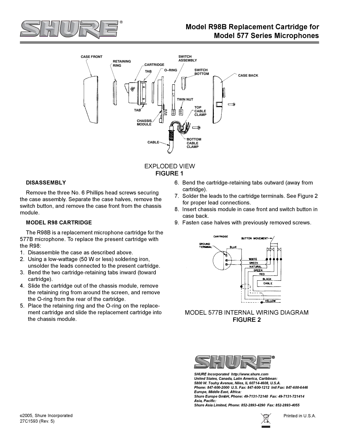 Shure ES-210, ES-230 manual Exploded View, Model 577B Internal Wiring Diagram, Disassembly, Model R98 Cartridge 