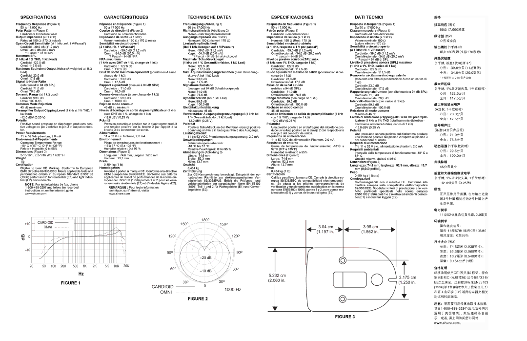 Shure EZB/O, EZB/C manual Specifications, Caractéristiques, Technische Daten, Especificaciones, Dati Tecnici 