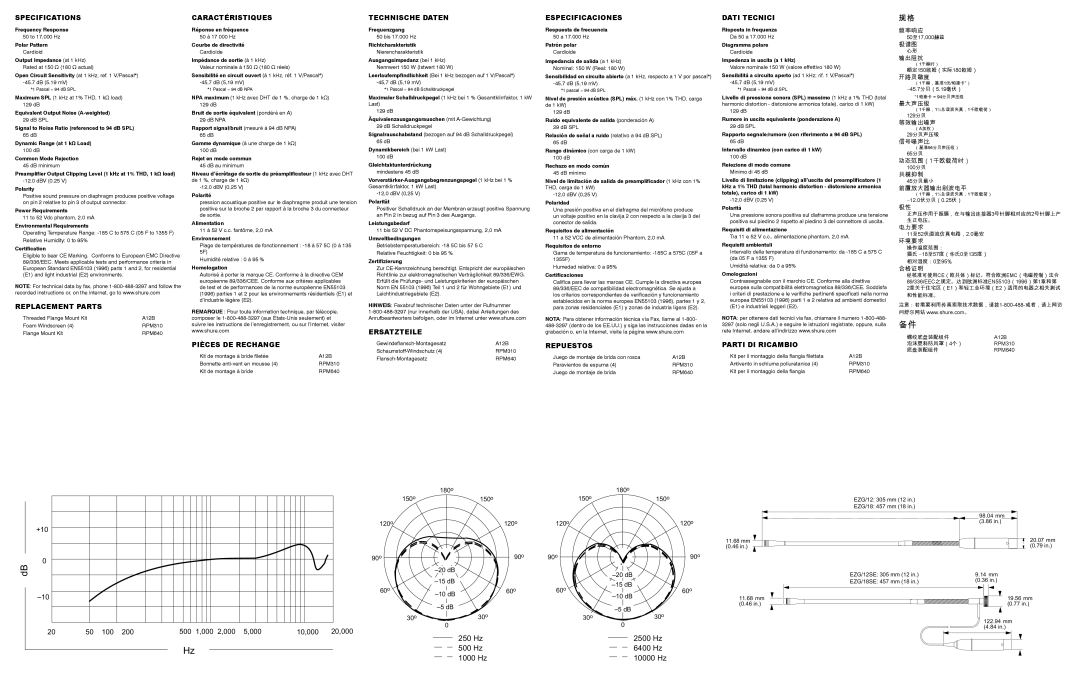 Shure EZG-SE Series Specifications, Replacement Parts, Caractéristiques, Technische Daten, Ersatzteile Especificaciones 