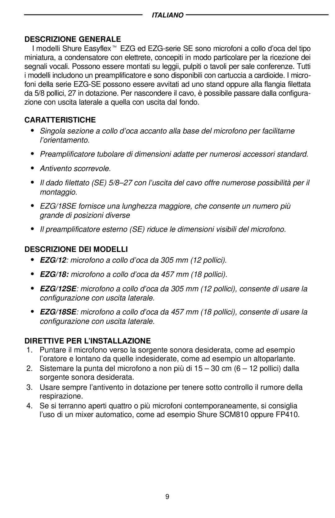 Shure EZG/12S, EZG/18S Descrizione Generale, Caratteristiche, Descrizione DEI Modelli, Direttive PER L’INSTALLAZIONE 