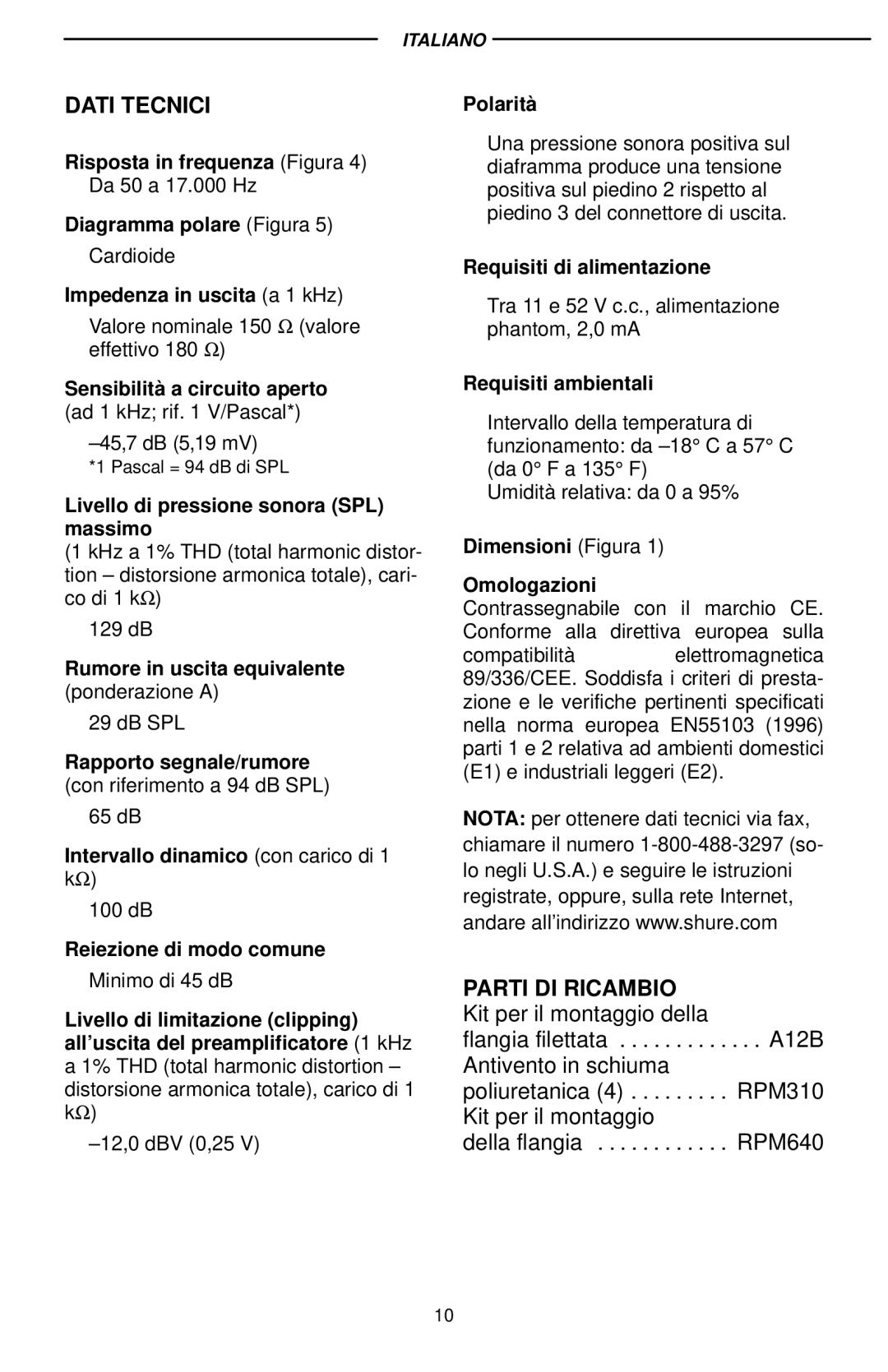 Shure EZG 18, EZG/12S, EZG/18S manual Dati Tecnici 