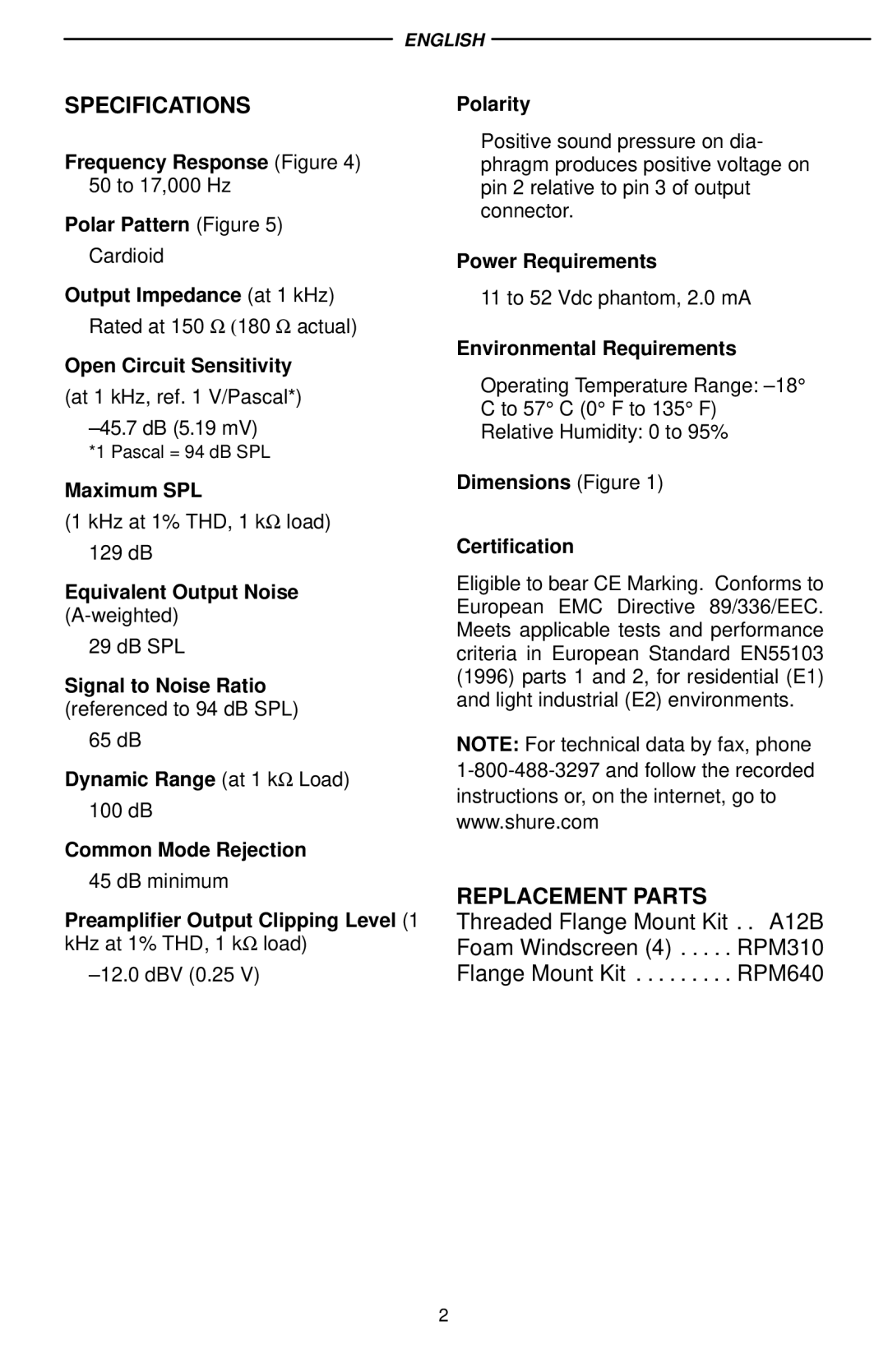 Shure EZG 18, EZG/12S, EZG/18S manual Specifications, Replacement Parts 