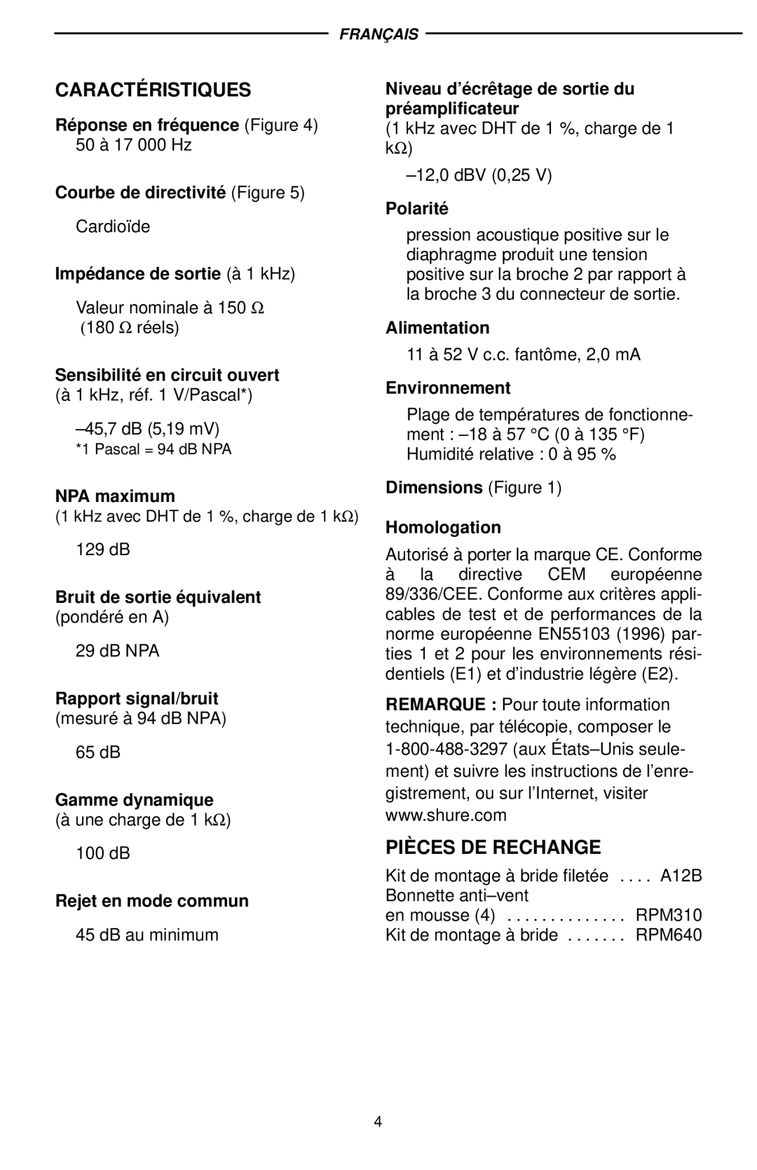 Shure EZG/18S, EZG/12S, EZG 18 manual Caracté Ristiques, PIÈ CES DE Rechange 