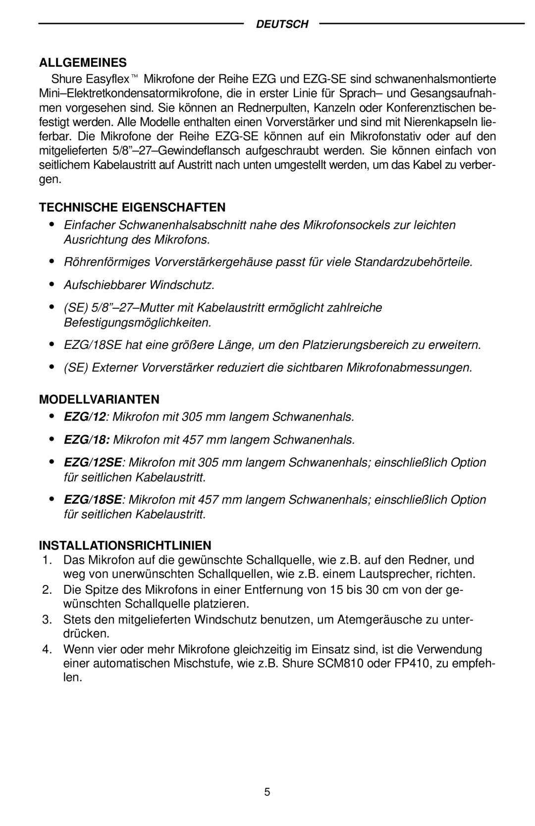 Shure EZG/12S, EZG/18S, EZG 18 manual Allgemeines, Technische Eigenschaften, Modellvarianten, Installationsrichtlinien 