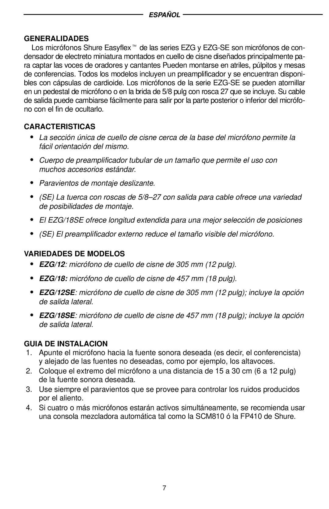 Shure EZG/12S, EZG/18S, EZG 18 manual Generalidades, Caracteristicas, Variedades DE Modelos, Guia DE Instalacion 