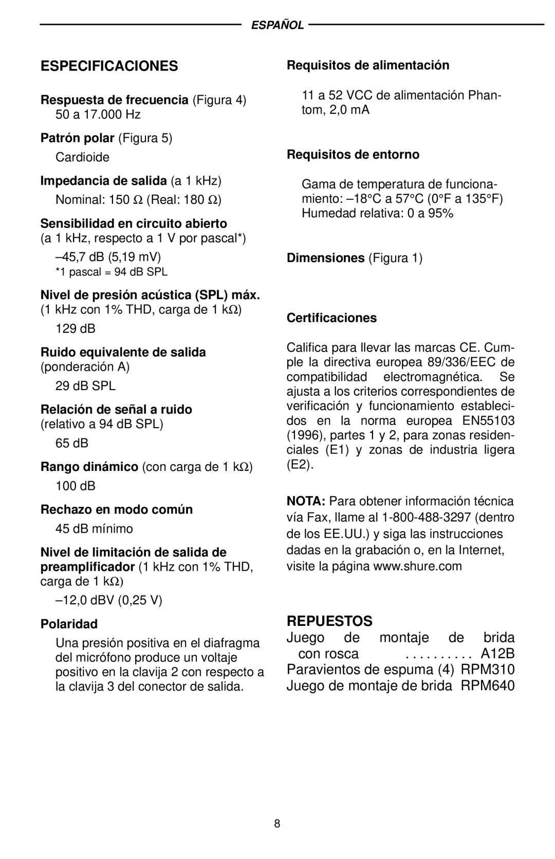 Shure EZG/18S, EZG/12S, EZG 18 manual Especificaciones, Repuestos 