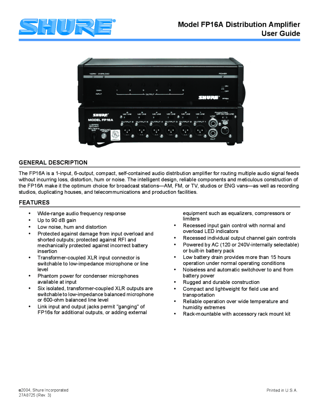 Shure FP16A manual General Description, Features 