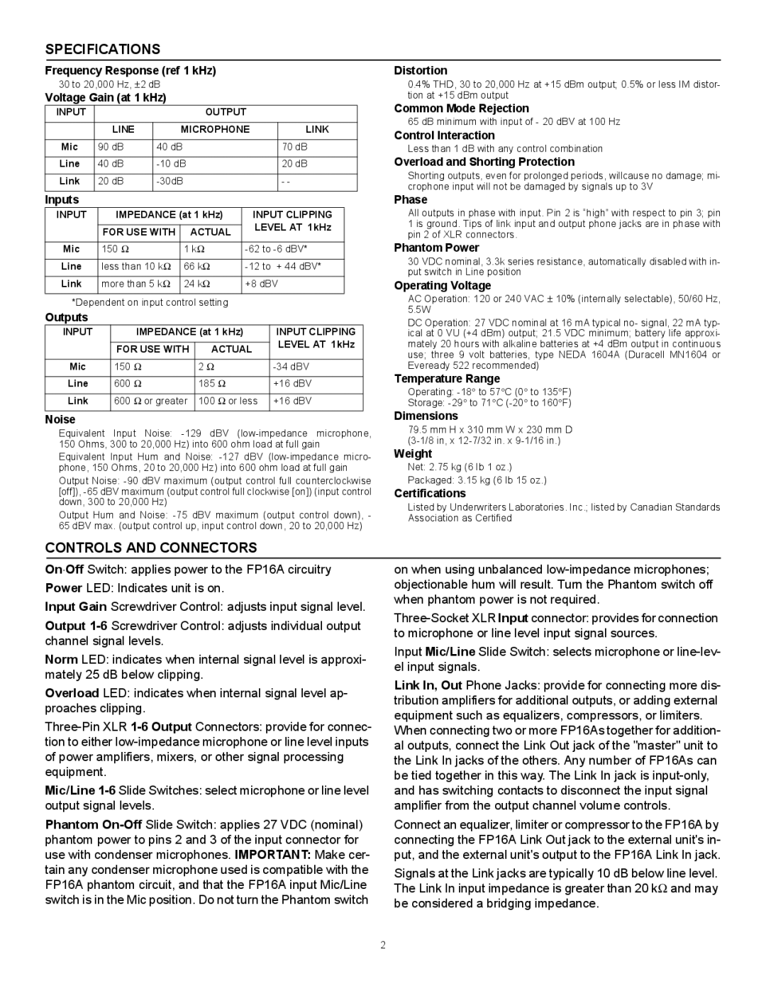 Shure FP16A manual Specifications, Controls and Connectors 