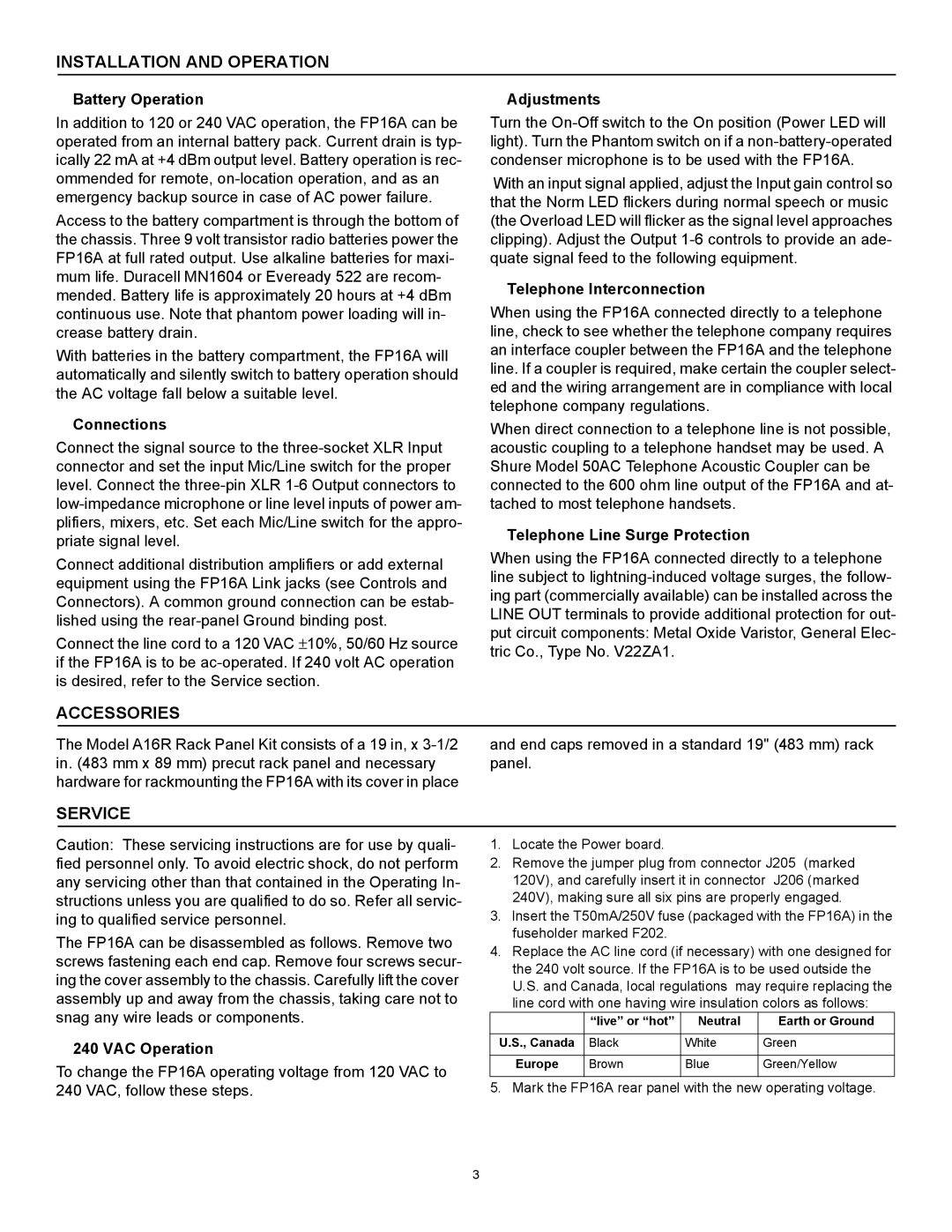 Shure FP16A manual Installation and Operation, Accessories, Service 