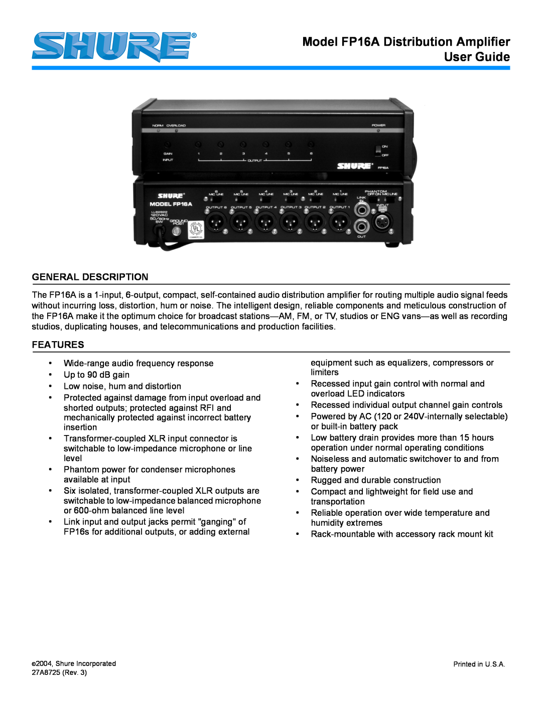 Shure manual General Description, Features, Model FP16A Distribution Amplifier User Guide 