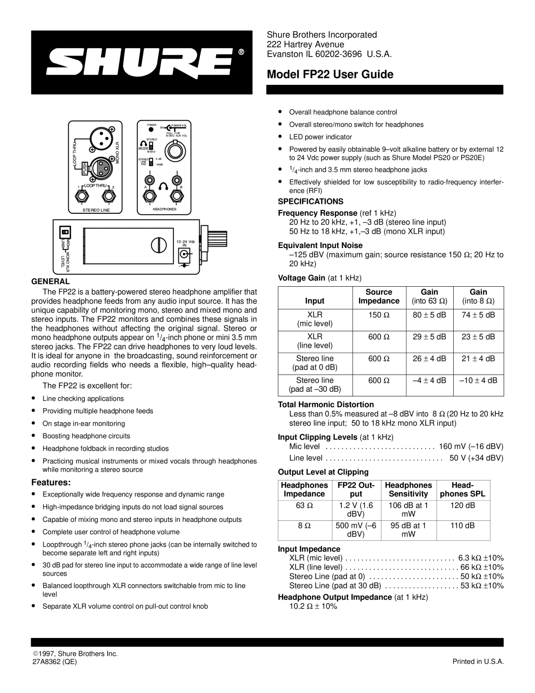 Shure FP22 specifications General, Specifications 