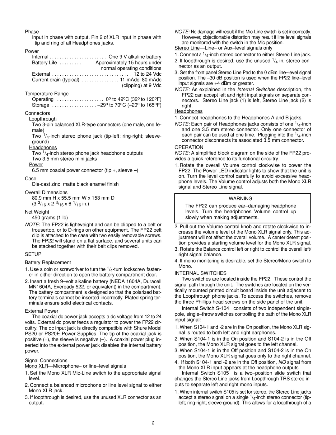 Shure FP22 specifications Setup, Operation, Internal Switches 