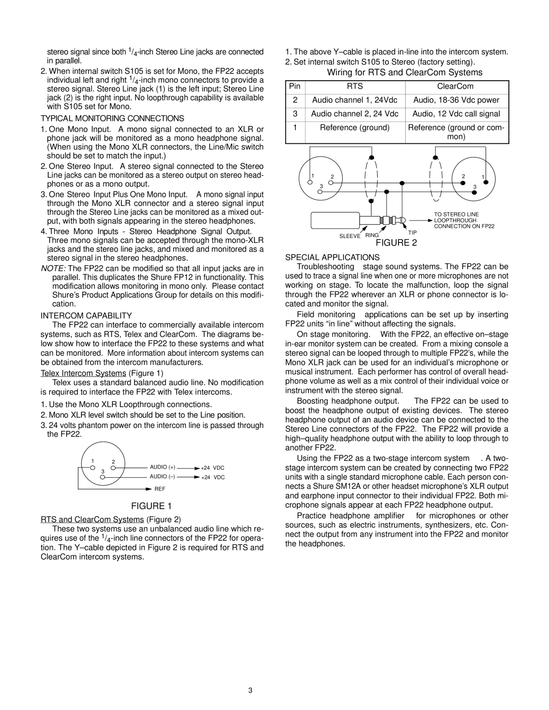 Shure FP22 specifications Typical Monitoring Connections, Intercom Capability, Rts, Special Applications 