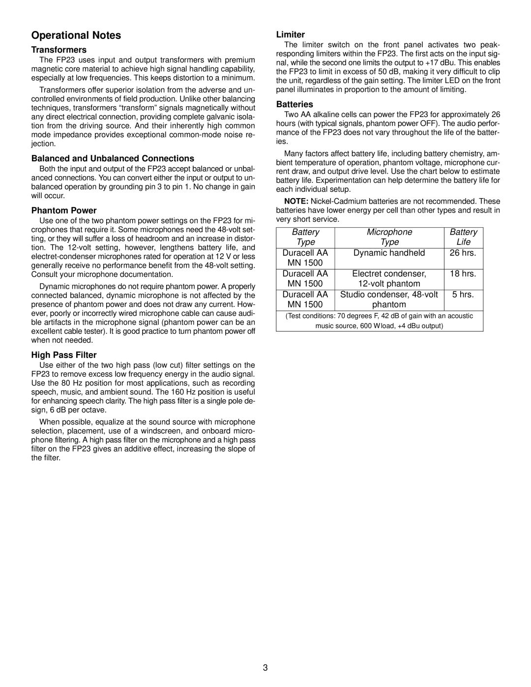 Shure FP23 specifications Operational Notes, Transformers, Balanced and Unbalanced Connections, Batteries 