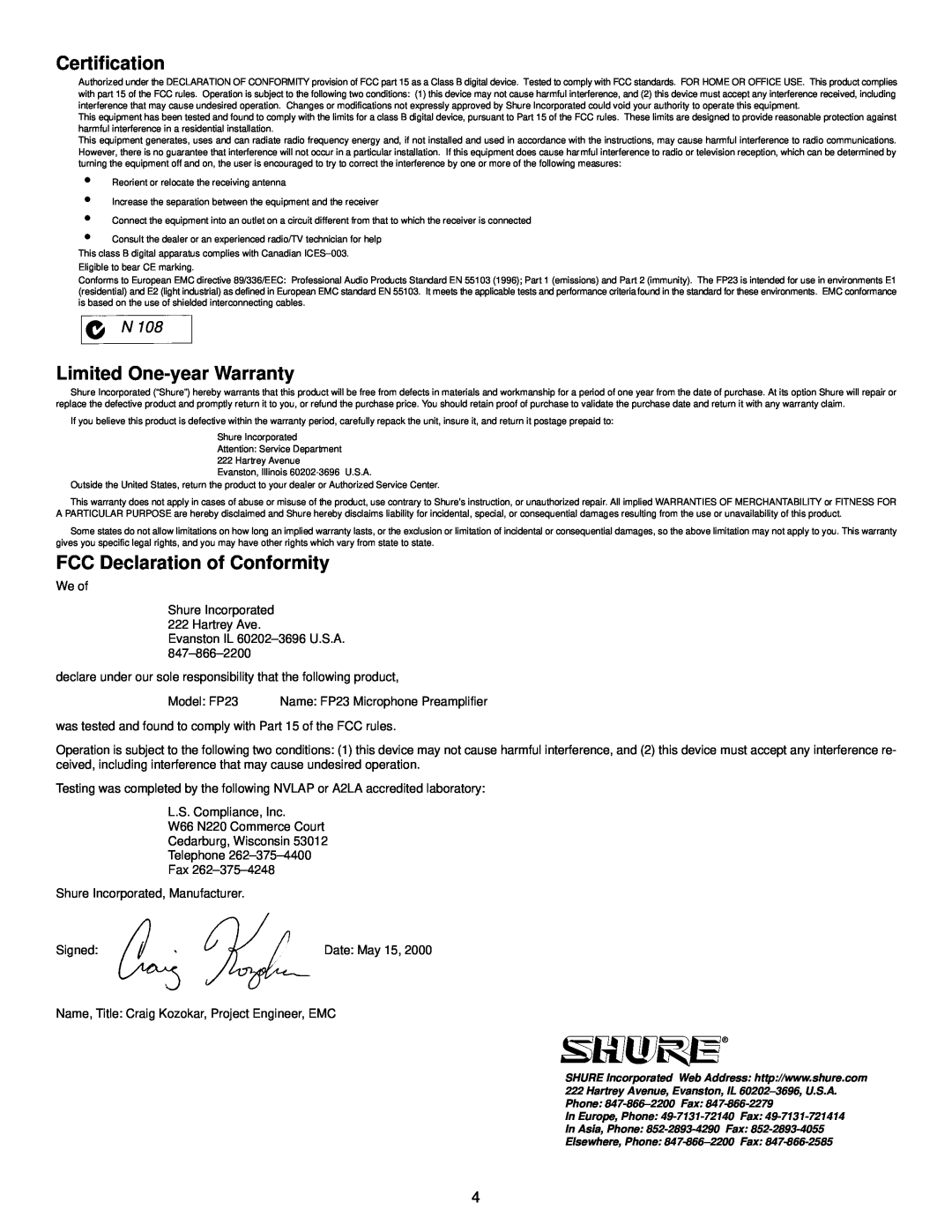 Shure FP23 specifications Certification, Limited One-yearWarranty, FCC Declaration of Conformity 