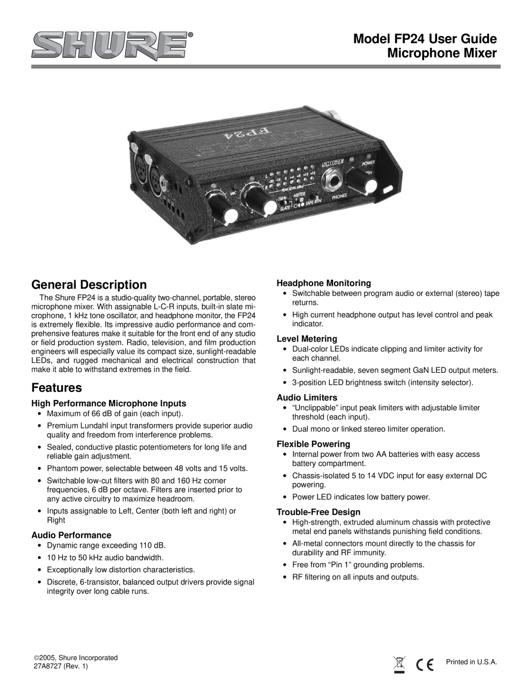 Shure FP24 manual General Description, Features 