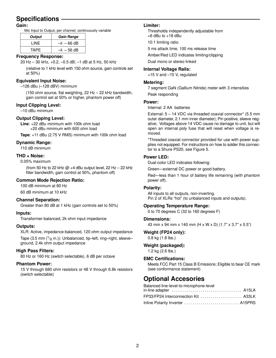 Shure FP24 manual Specifications, Optional Accesories 