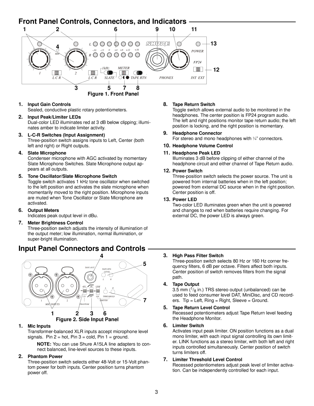 Shure FP24 manual Front Panel Controls, Connectors, and Indicators, Input Panel Connectors and Controls 