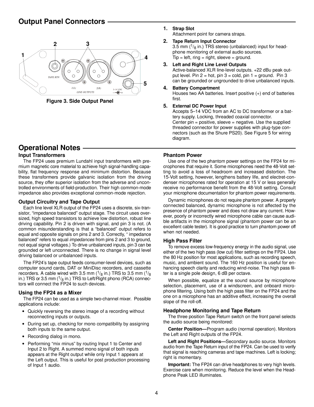 Shure FP24 manual Output Panel Connectors, Operational Notes 